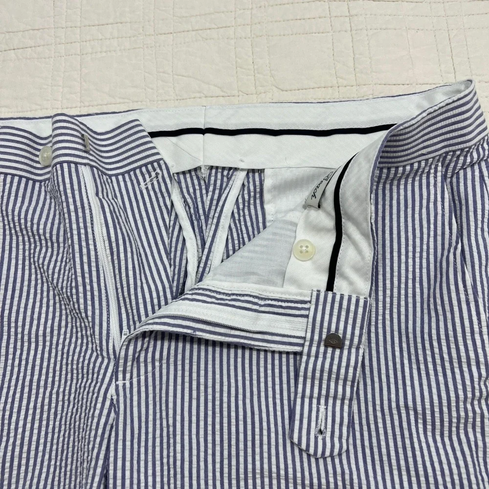 Palm Beach Andrew Mens Blue White Striped Seersucker Cotton Trousers 36R
